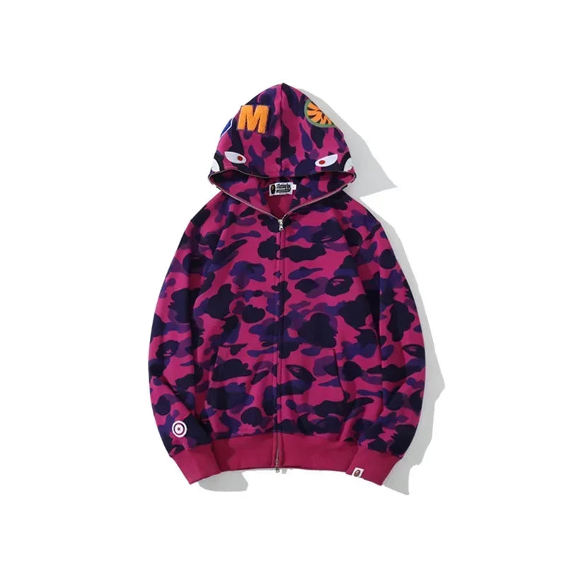 Trendy Shark Camouflage Zippered Hoodie for Men and Women Fine Embroidery Loose Hooded
