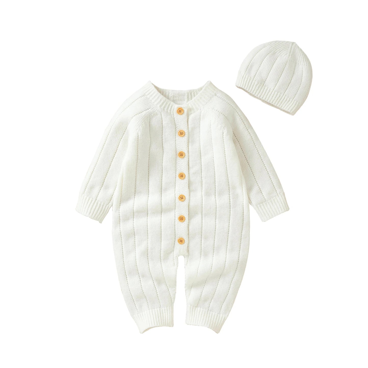 Baby Girls Boys Winter Jumpsuit and Cap Solid Color Long Sleeve Single-breasted Knitted Romper 0-18Months