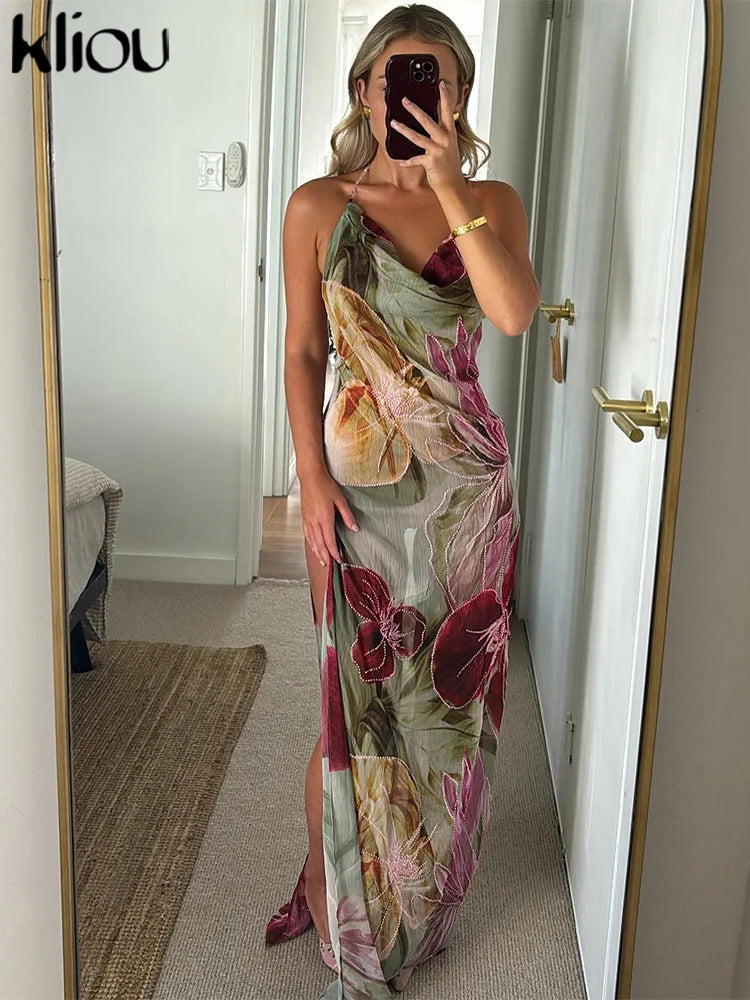 Floral Print Women Backless Halter Split Thin Dress