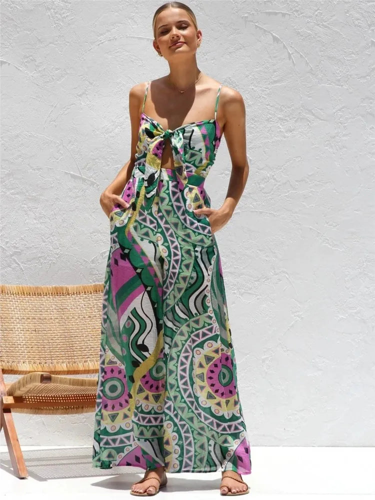Summer New Print Spaghetti Strap jumpsuits Women Sexy Low Cut Bowknot Bowknot High Waist Wide Leg Jumpsuit Vacation Style Female