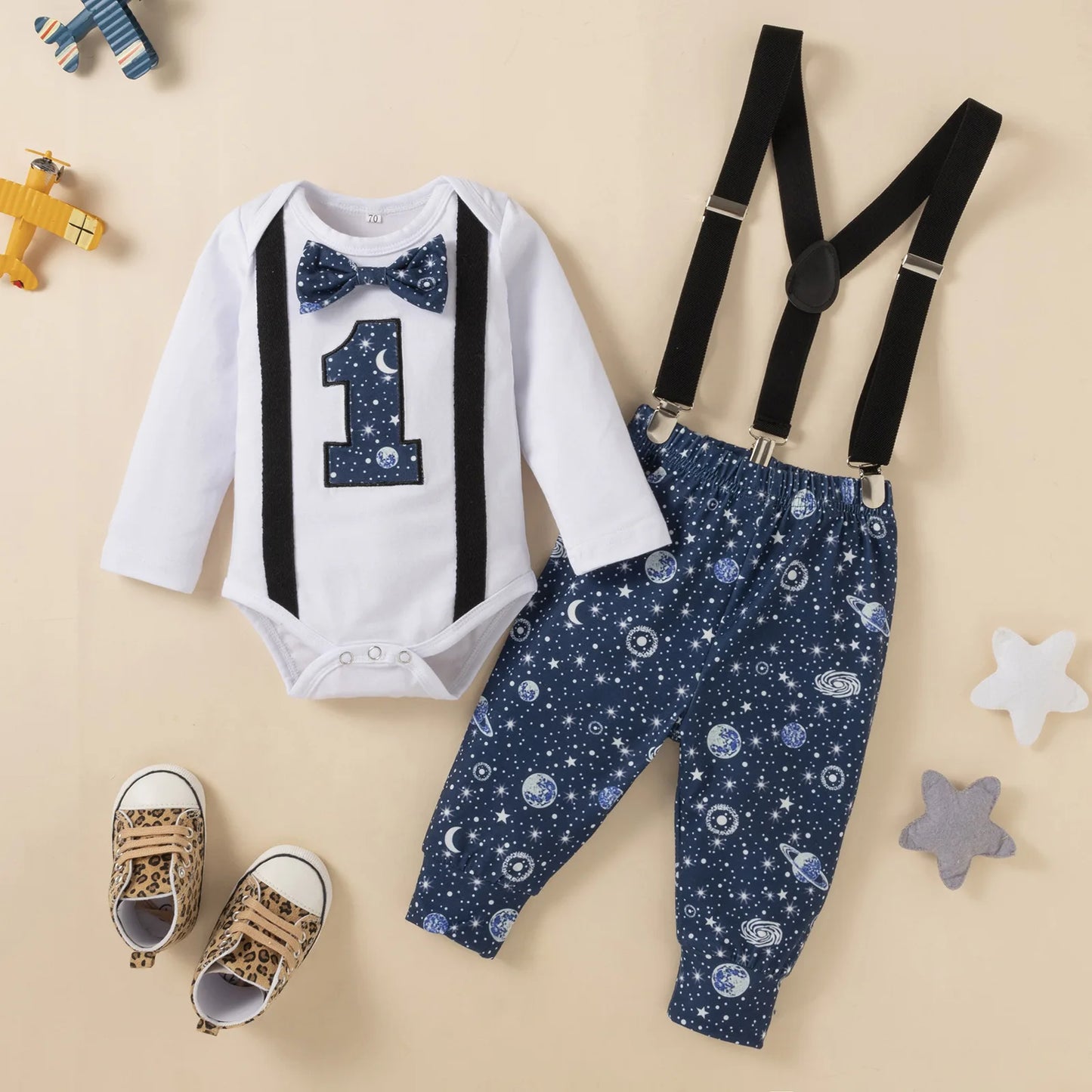 Baby Boys Birthday Outfits Sets Balloon Letter"1" Bodysuit and Y-back Suspender Shorts 1 Year Birthday Baby