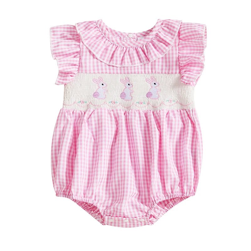Easter Baby Girl Clothes Short Sleeve Ruffle Collar Bunny Embroidery Jumpsuit Playsuit