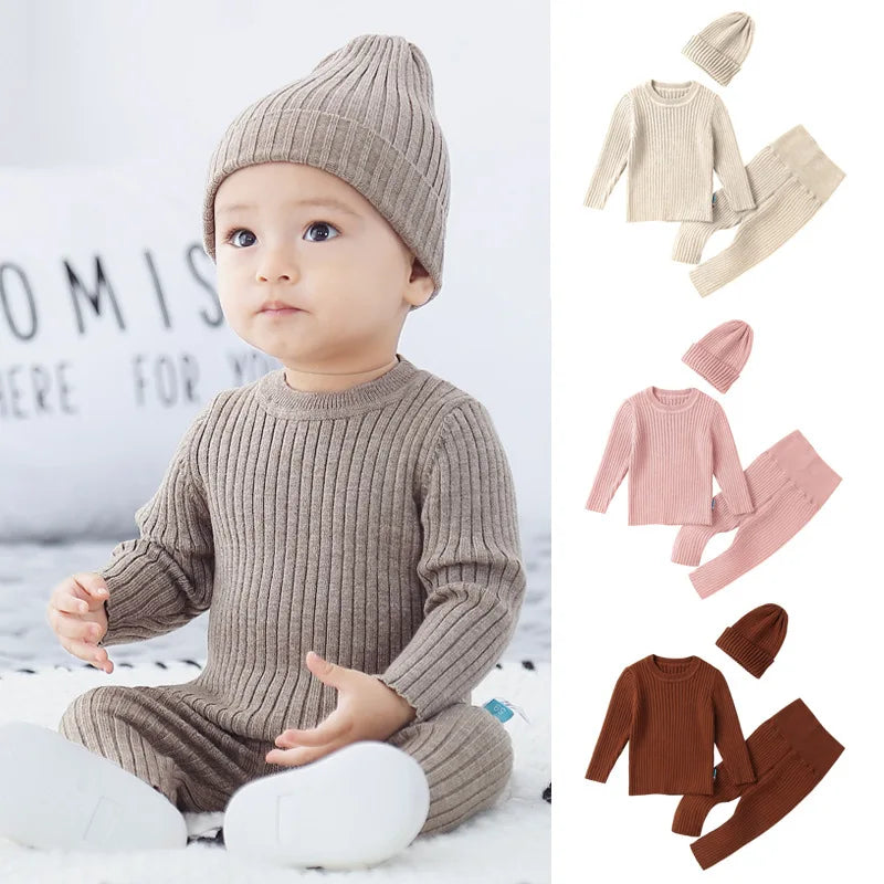 Boys Girls Soft Knitted Sweater+Hat+Pants Clothing Sets Autumn Winter Infant Baby Outfits