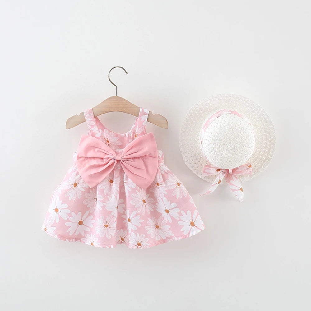 Toddler Girl Clothes Cotton Beach Suspender Dress+Sun Hat Princess Dresses
