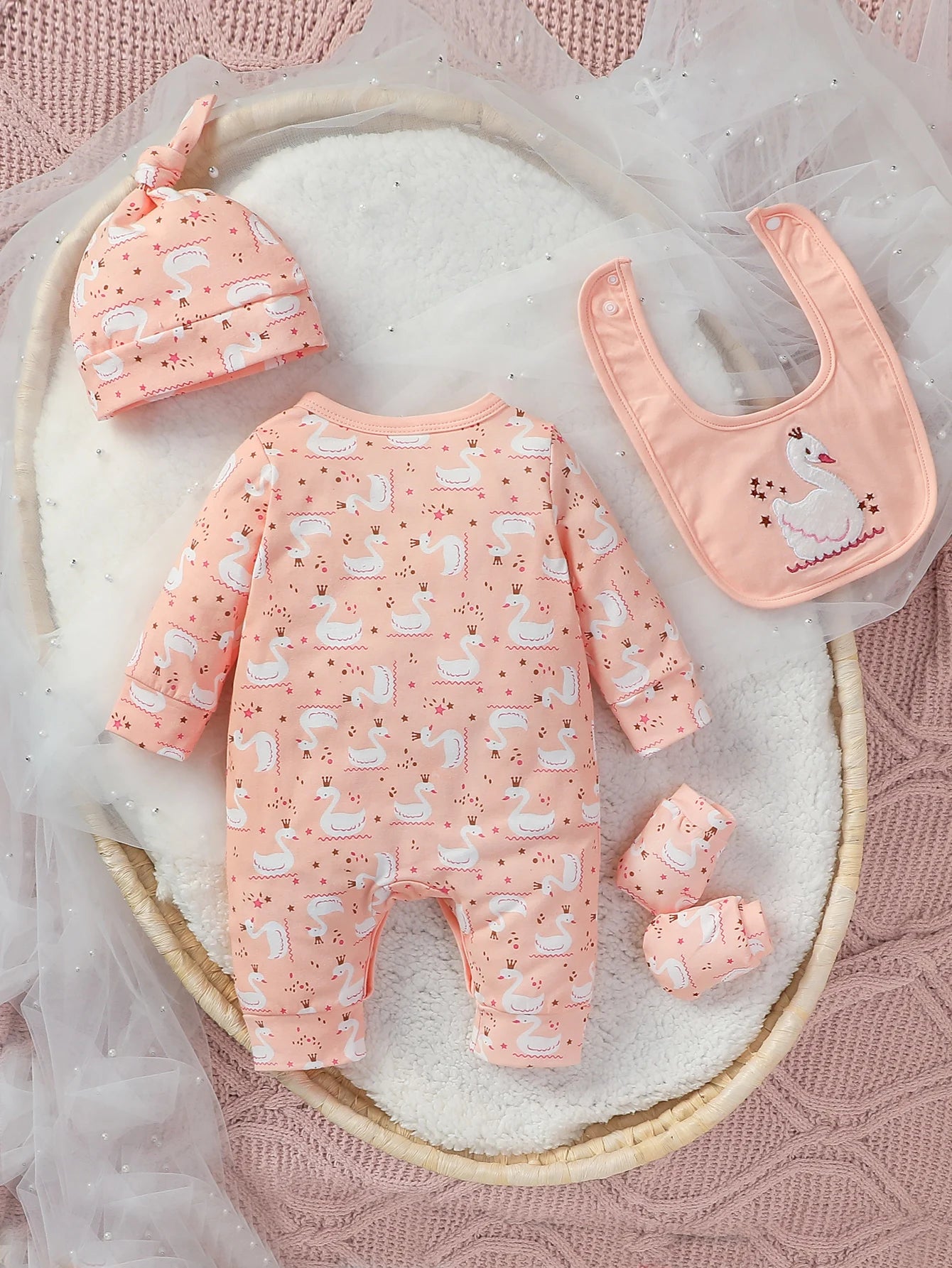 Baby Jumpsuit Cartoon Swan Print Girls Outfit Rompers Clothing+Hat+Bib+Gloves