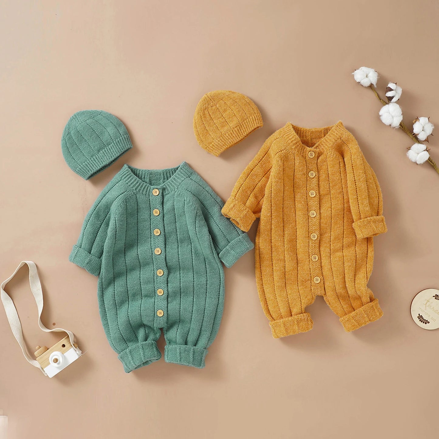 Baby Girls Boys Winter Jumpsuit and Cap Solid Color Long Sleeve Single-breasted Knitted Romper 0-18Months