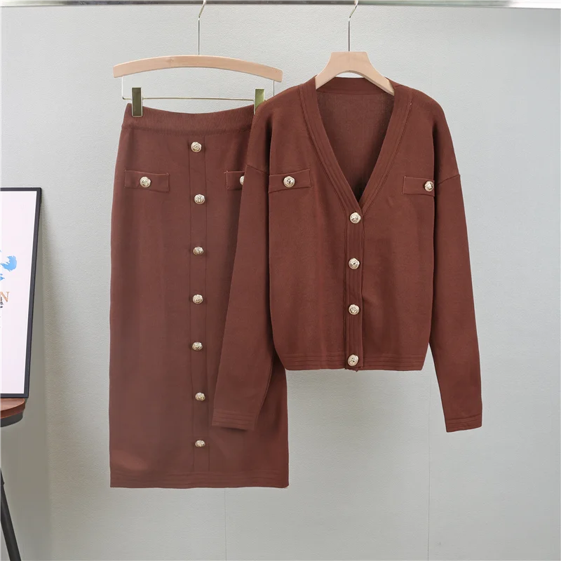 Elegant Knit Blazer Skirt Set Women Matching Set Vintage Knitted two piece