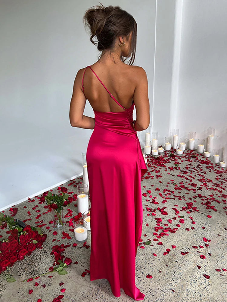 Sexy One Shoulder Satin Long Dress for Women Sleeveless Backless High Split Elegant Dress