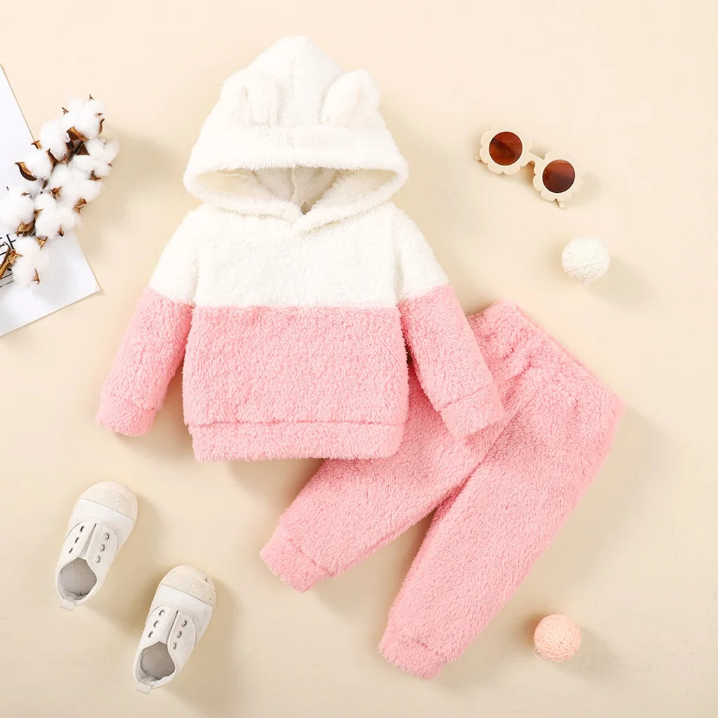 Newborn Baby Girl Fluff Hooded Clothes Set Long Sleeve Hoodie Top + Pant