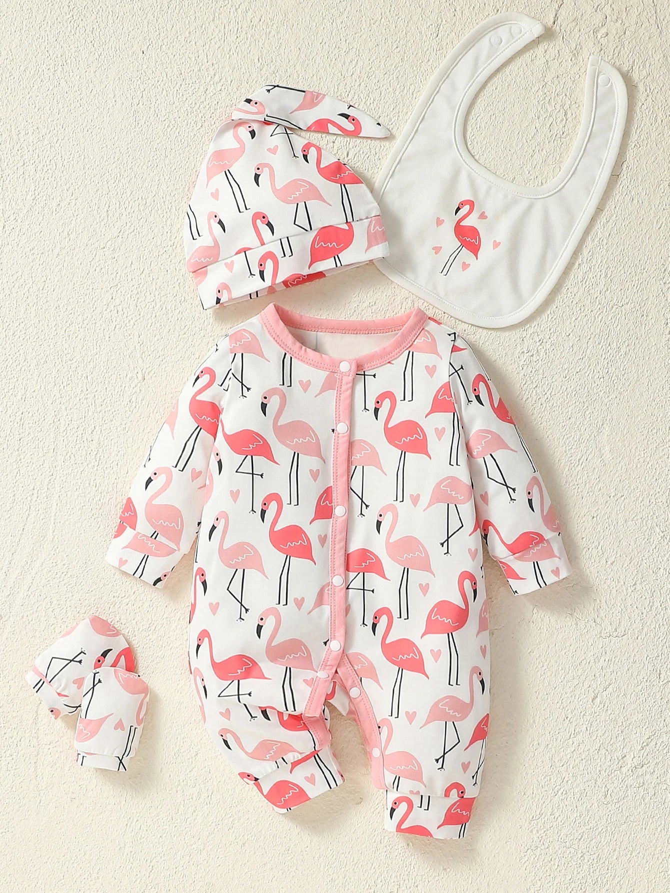 Baby Jumpsuit Cartoon Swan Print Girls Outfit Rompers Clothing+Hat+Bib+Gloves
