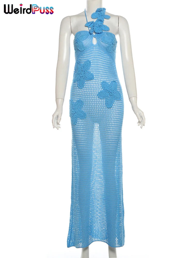 Sexy Dress Women Shirring Knit See Through Elegant Beach Vacation Trend Clubwear Long Bodycon