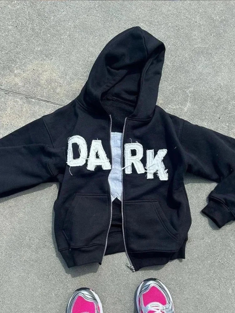 Y2K Hoodie Letter Patch Printed Zippered Hooded Sweatshirt Street Hip-hop Long Sleeved Cardigan Jacket Top Men Women's Clothing