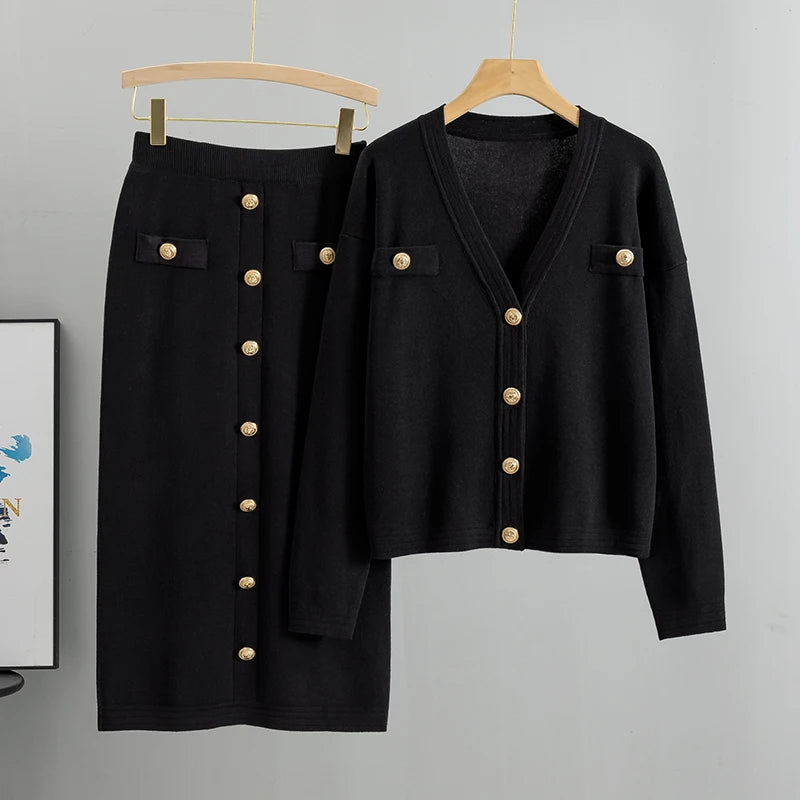 Elegant Knit Blazer Skirt Set Women Matching Set Vintage Knitted two piece