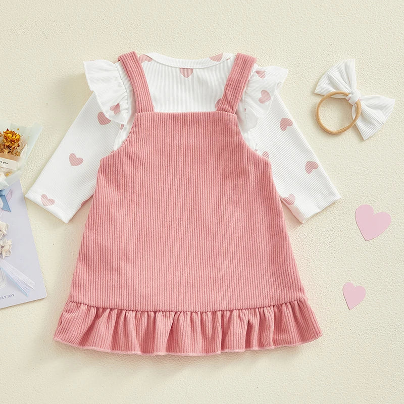 Valentine's Day Infant Baby Girls Outfits Heart Print Romper + Suspender Skirt + Headband Set Clothes