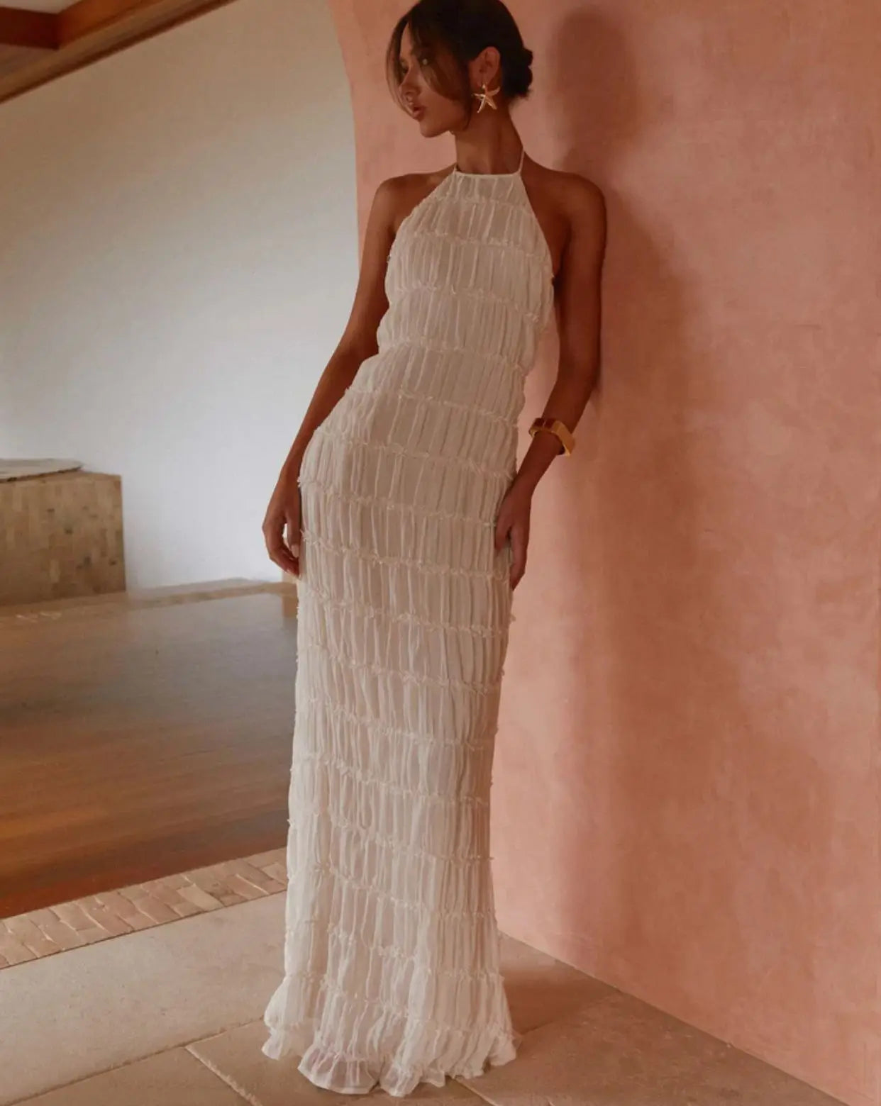 Sun-Kissed Muse Backless Frill Maxi Dress