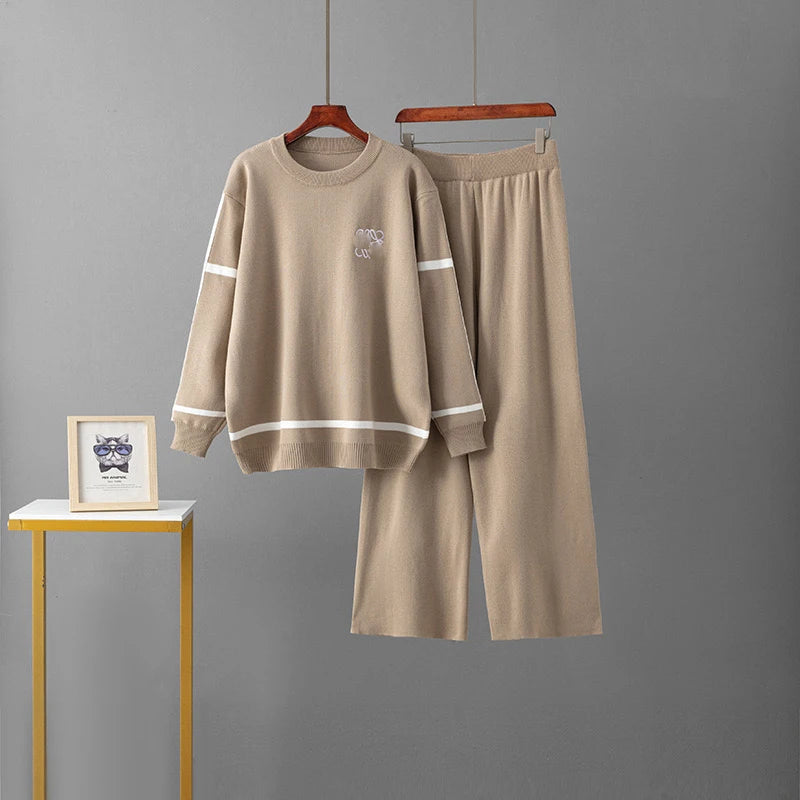 Casual Fashion Women Knitted 2 Piece Sets Korea Soft Strecth O-neck Sweater Tops Conjunto Elegant High Waist Wide Leg Pants