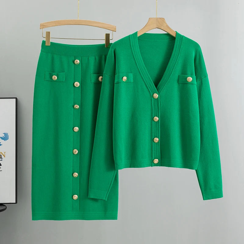 Elegant Knit Blazer Skirt Set Women Matching Set Vintage Knitted two piece