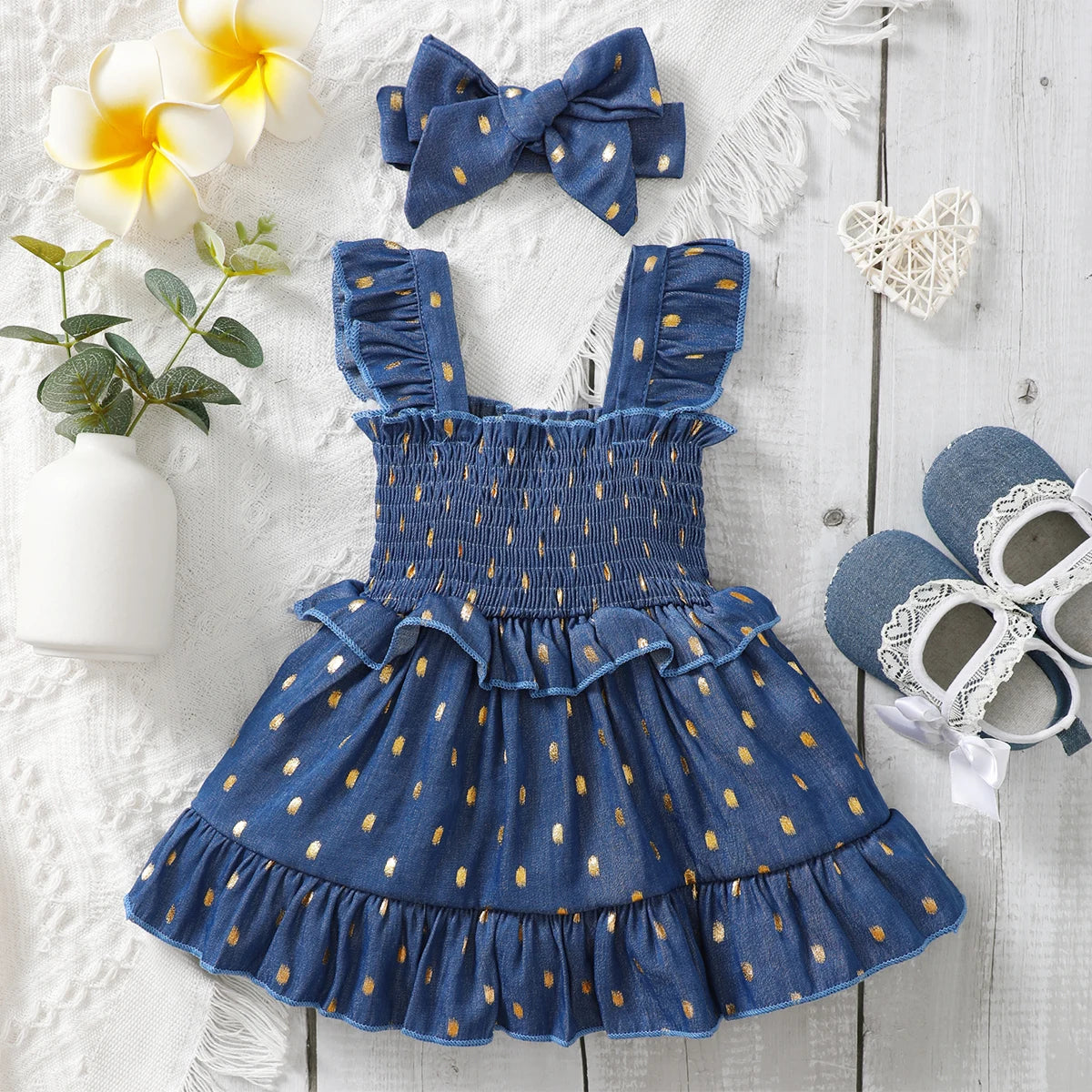 Baby Girl Golden Dot Slip Blue Princess Dresses with Headband Set