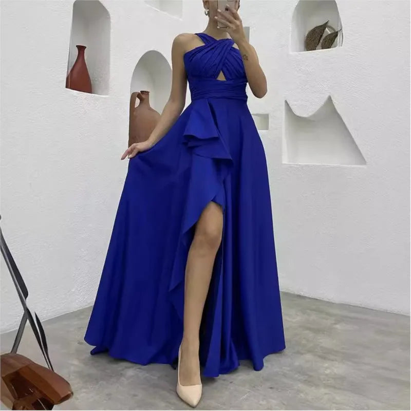 Elegant Fashion Sleeveless High Waist Hollow Out Ruffle Slit Dress