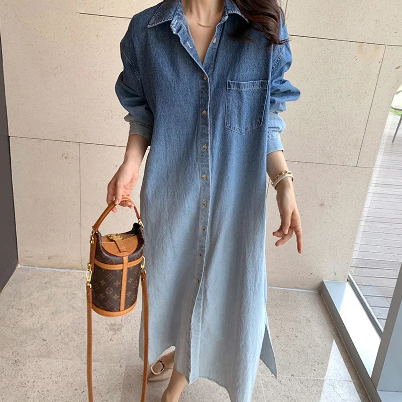 Chic Gradient Ombre Design Loose Long Sleeve Denim Dress