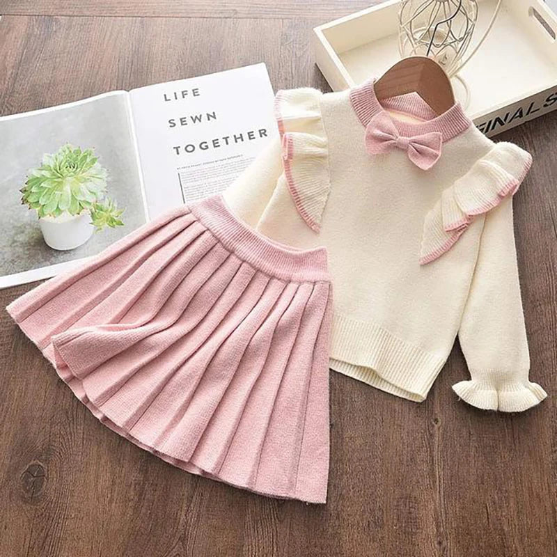 Casual Girls Dress Knitting Kids Suit Long Sleeves Princess Top and Skirt 2pcs Outfits Sweater Kids Clothes