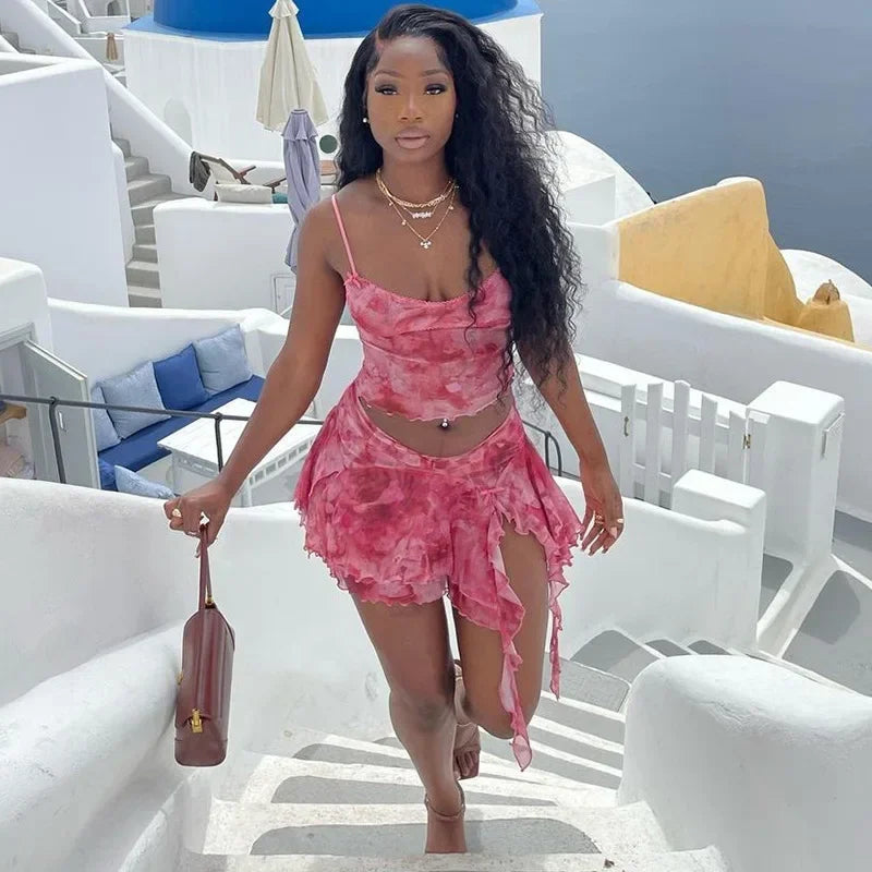 Ueteey Mesh Two Piece Skirt Sets Sexy Outfits Women Printed Camisole Vest + Ruffles Split Mini Skirts Suit Beach Vocation 2024