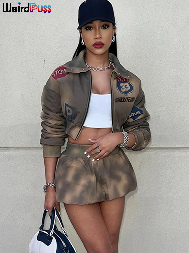 Women Letter Print Zip Jacket+Waistband Puffy Skirt Matching Street Casual Vintage Suit