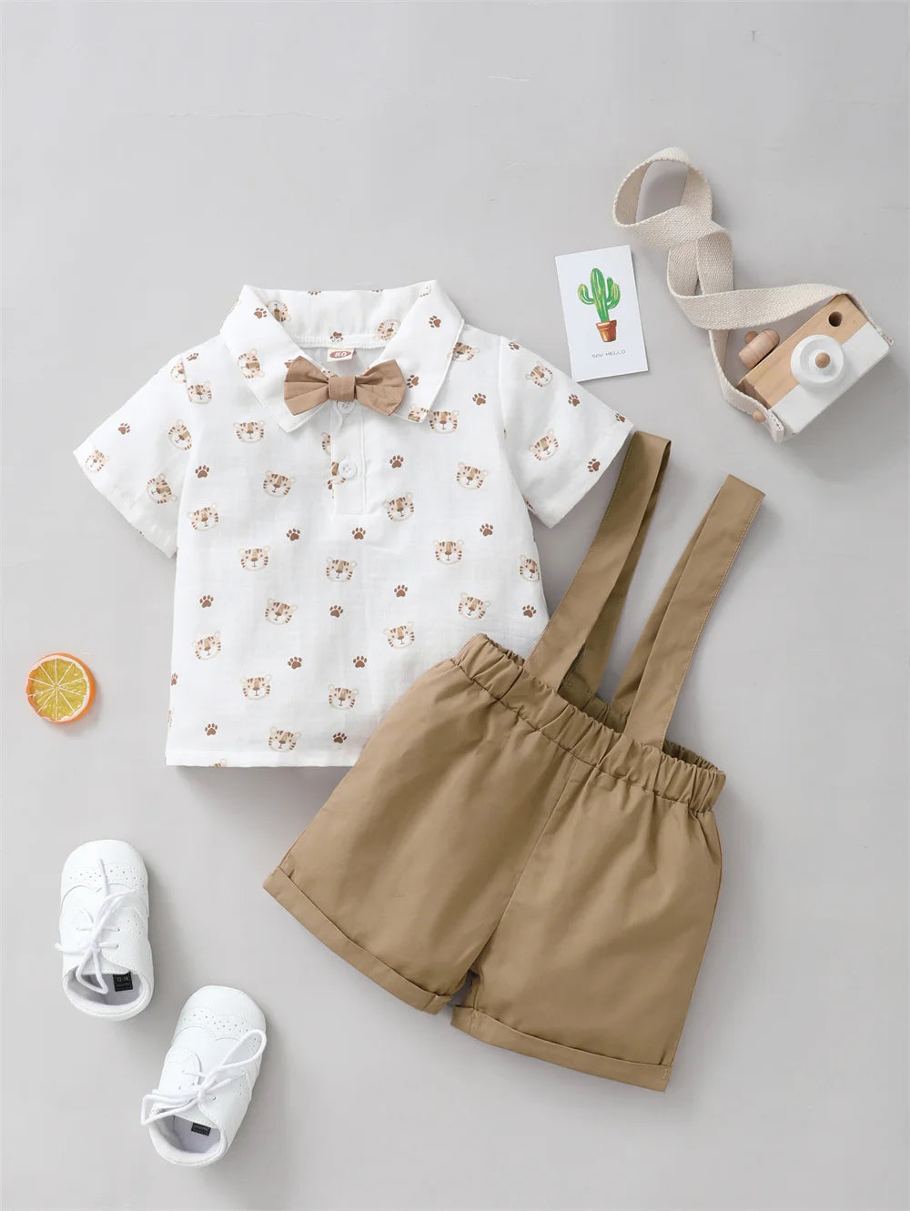 Infant Boy Clothes Set Tiger Print Short Sleeve with Bow+Strap Shorts