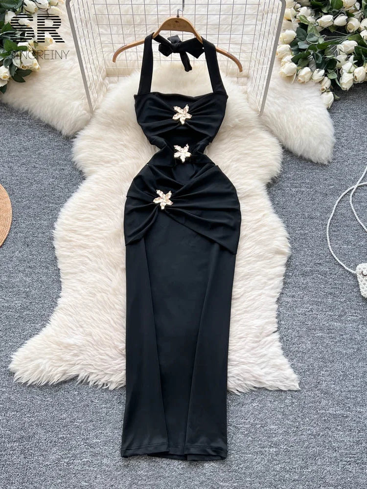 SINGREINY Sexy Halter Party Dress Sleeveless Metal 3D Flower Design Sheath Sundress Summer Women Ruched Luxury Evening Dresses