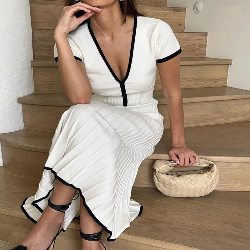 Women White long Skirt Suit Short Sleeve V-neck crop top pleated set
