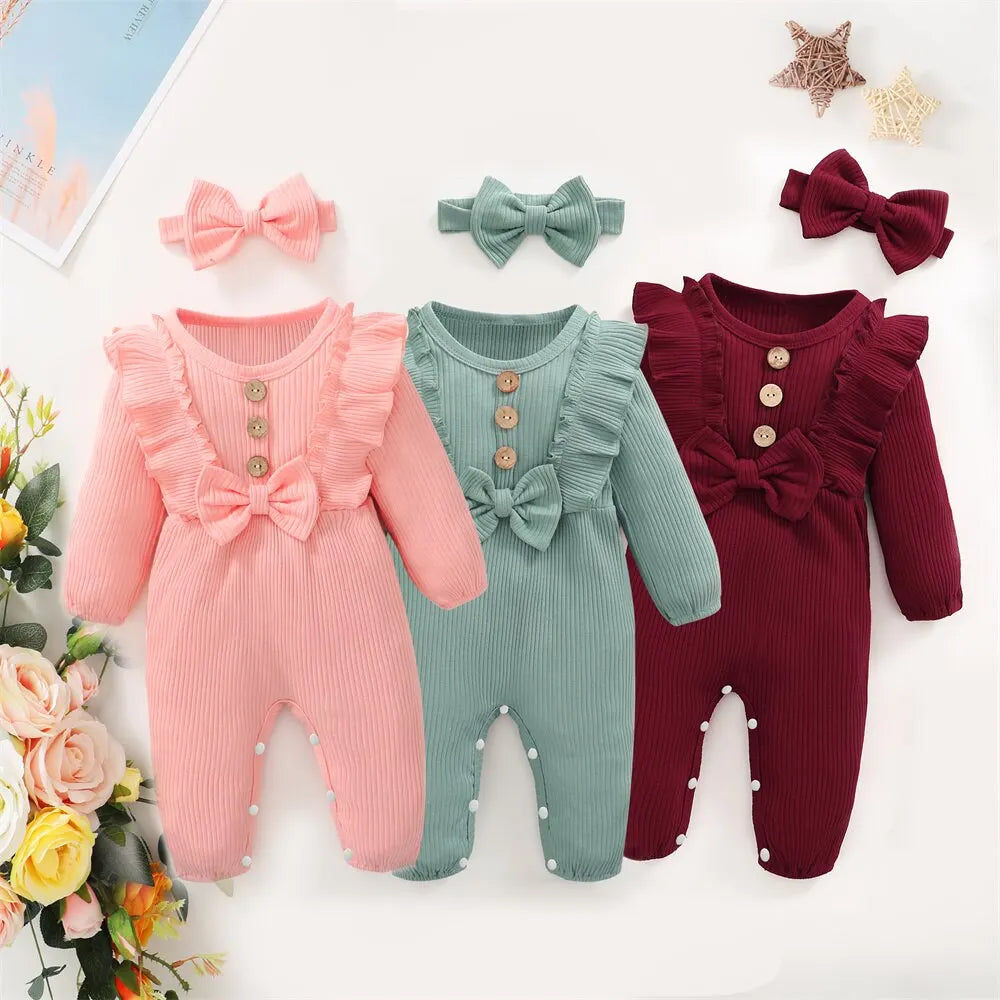 Newborn Baby Girl Romper Long Sleeved Ruffle Bodysuit with Headband Onesie Outfit
