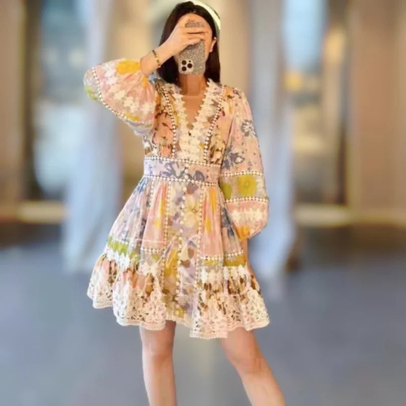Floral Linen Elegant Short Dress
