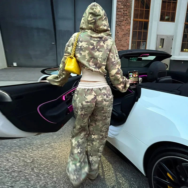 Women Camouflage Hooded Hoodie Sweatpants Casual Long Sleeve Zipper Jacket Hip Hop Sweatshirt Autumn Winter Y2K Streetwear Pants