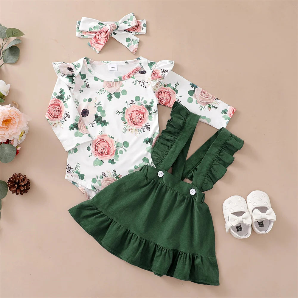 Newborn Baby Girl 3PCS Clothes Set Floral Long Sleeve Top+Suspender Skirt+Headwear Fashion