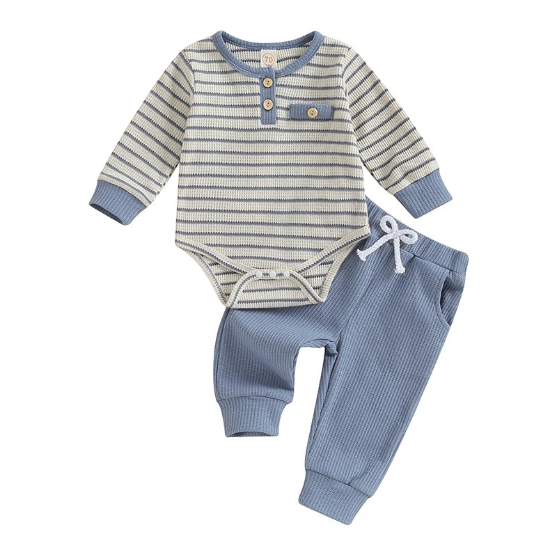 Newborn Baby Boy Girl Fall Winter Clothes Waffle Knit Striped Romper Long Pants Set Home Outfit