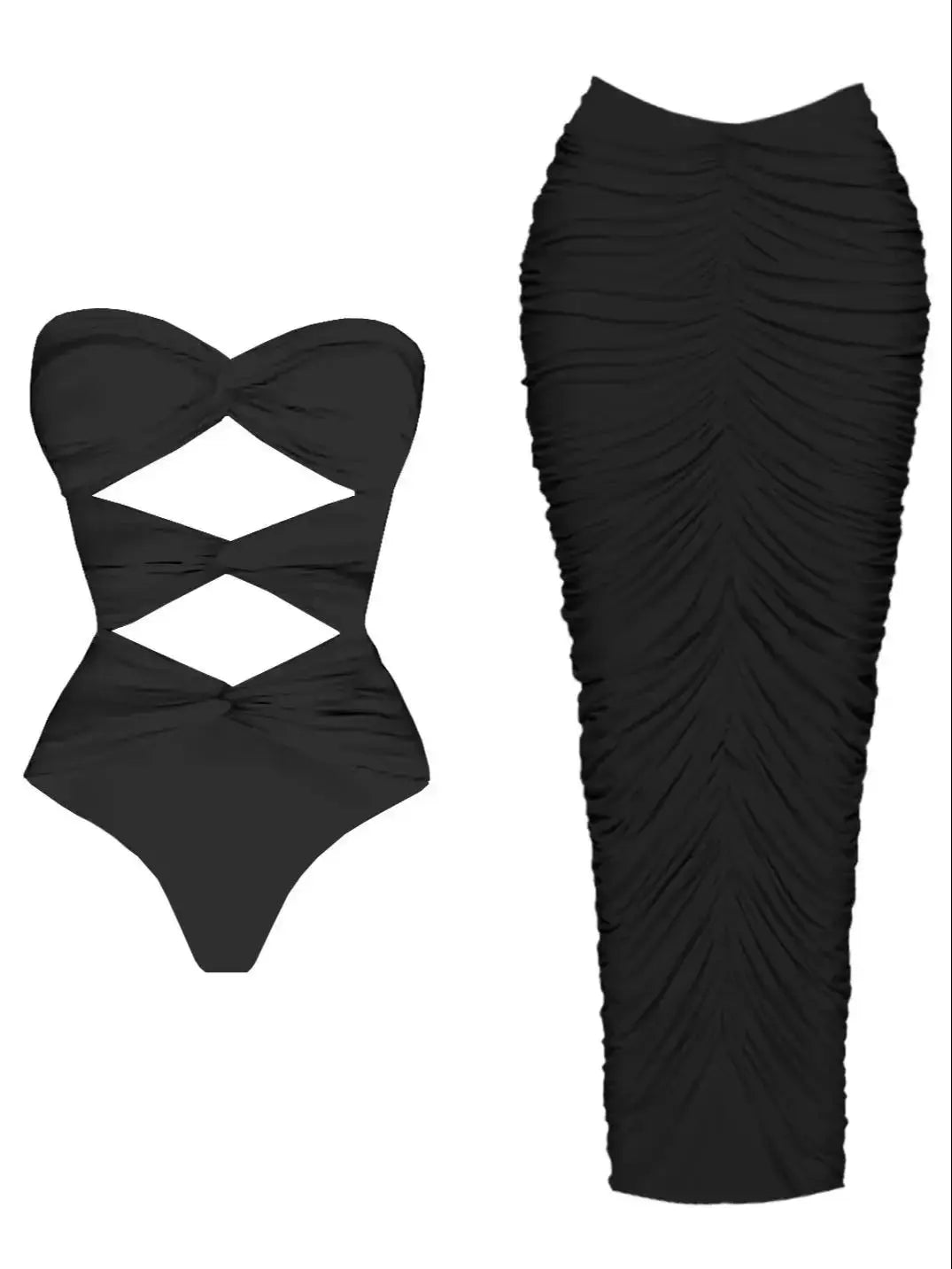 New Women Two Piece Set Skirt Suit V Neck Cut Out Sleeveless Slimming Bustier Cheeky Skirt Beach Dance Robe