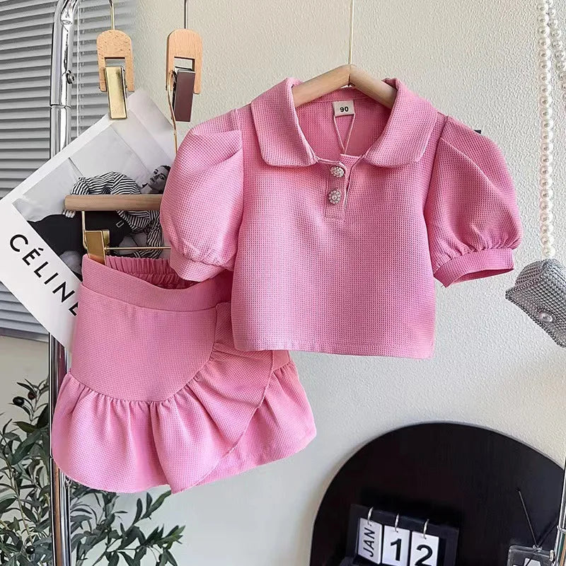 Puff Sleeves Turndown Collar Kid Girls Polo Shirt Irregular Lace Hem Skirt Sweet Suit