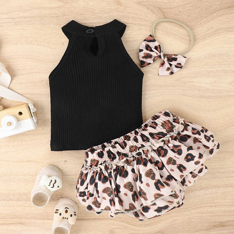 Baby Girls Hanging Neck Sleeveless Vest+Leopard Print Bow Shorts+Headband