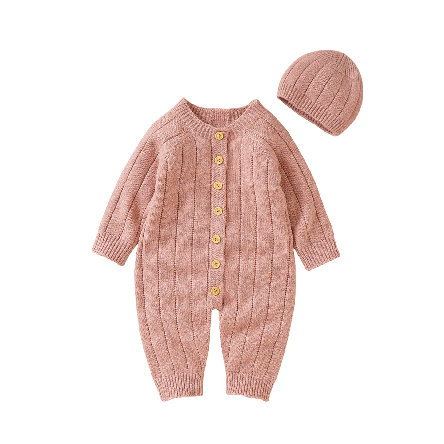Baby Girls Boys Winter Jumpsuit and Cap Solid Color Long Sleeve Single-breasted Knitted Romper 0-18Months