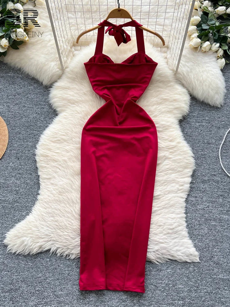 SINGREINY Sexy Halter Party Dress Sleeveless Metal 3D Flower Design Sheath Sundress Summer Women Ruched Luxury Evening Dresses