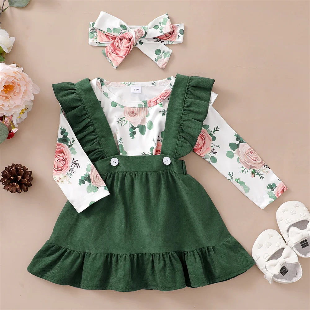 Newborn Baby Girl 3PCS Clothes Set Floral Long Sleeve Top+Suspender Skirt+Headwear Fashion