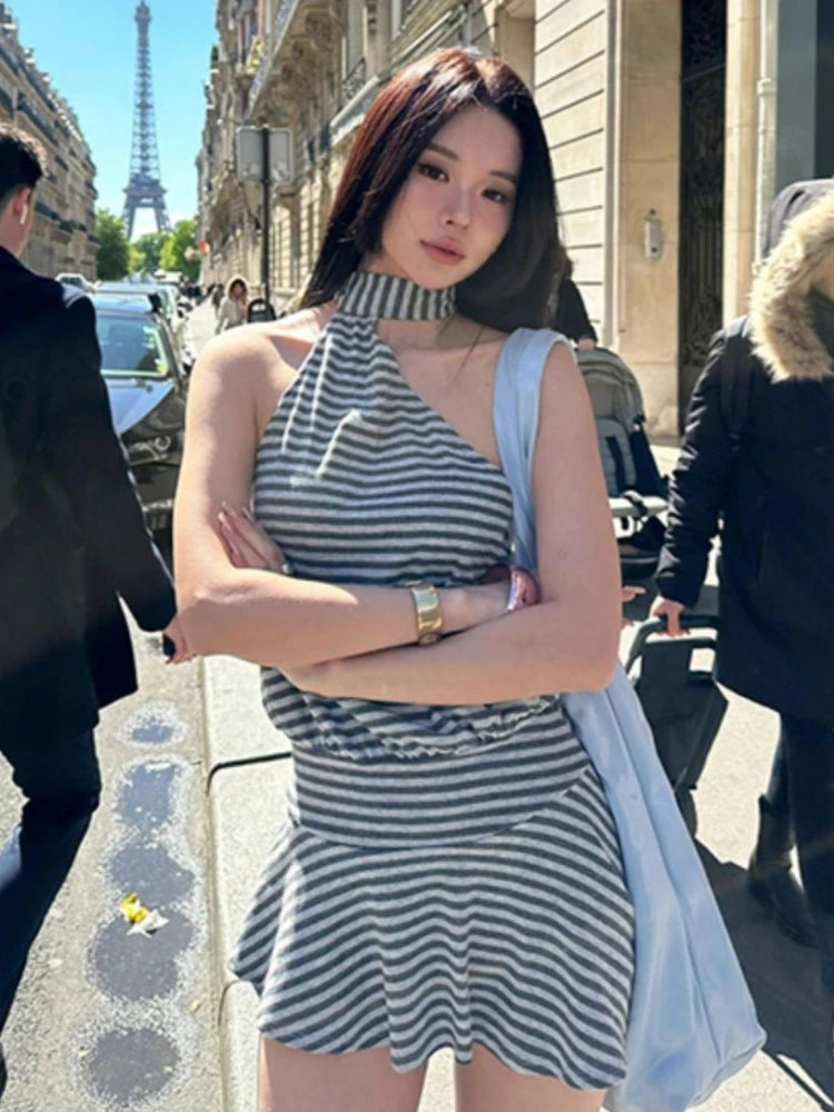 Bandage stripes Halter Ruffle Mini Dress