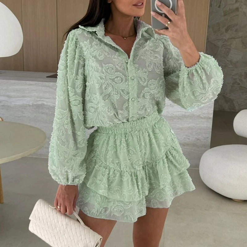 Fashion Lapel Button Shirt and Shorts Suit Casual Long Sleeved Beach Outfit 2025 Summer Lace Ruffle Loose Women's Two Piece Set