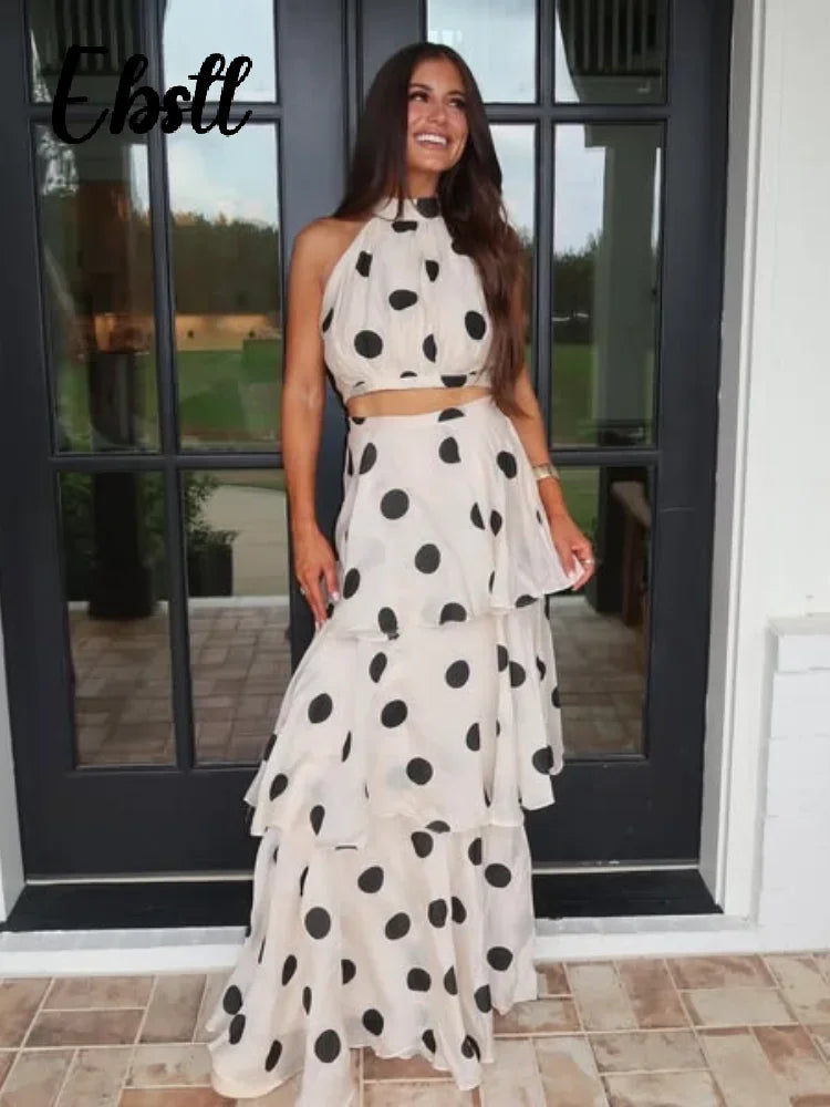 Sleeveless Crop Vest & Flowy High-Waist Skirt Polka Sway Luxe Co-Ord