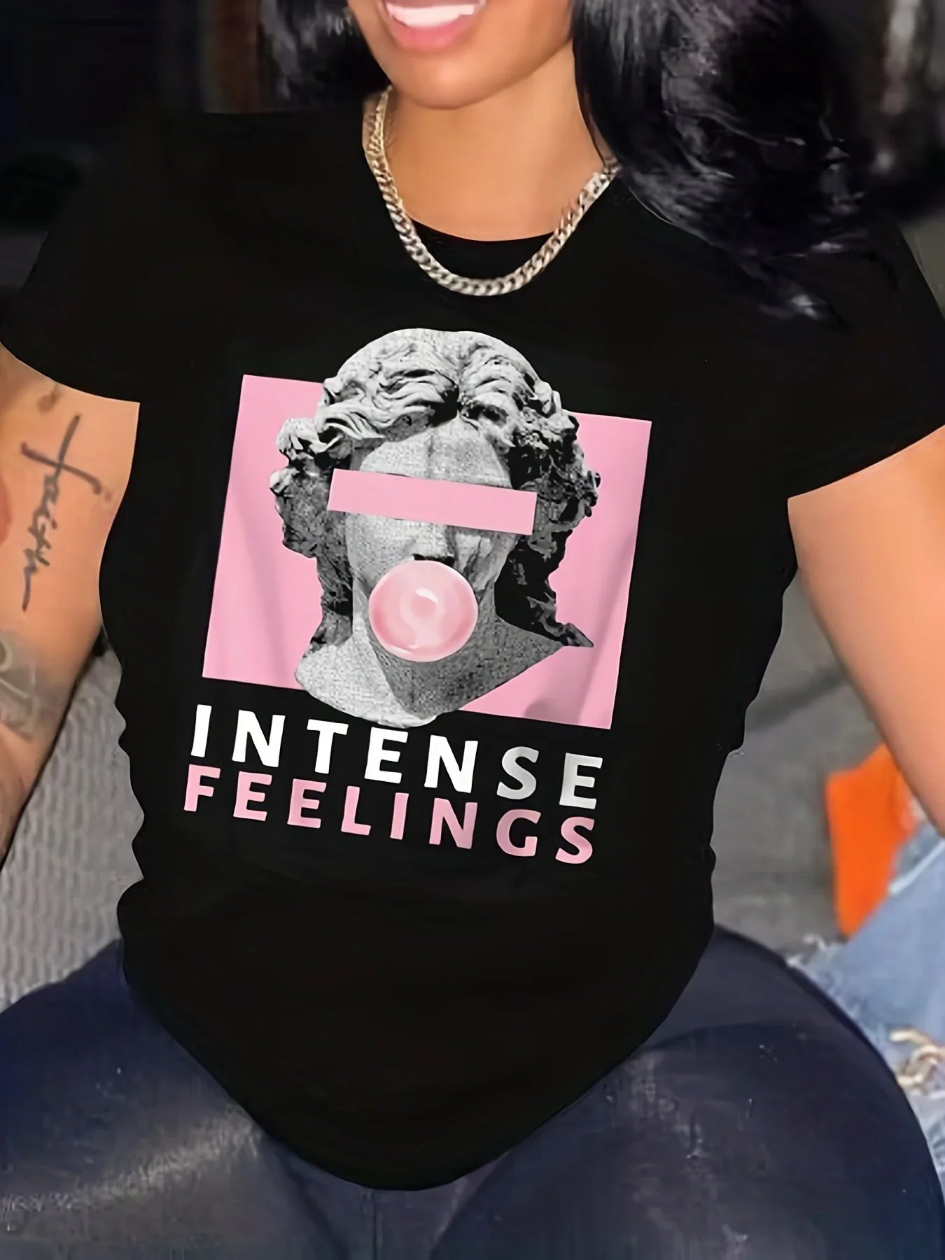 Women's Plus Sculpture Graphic & Letter Print Short Sleeve Round Neck Medium Stretch T-shirt
