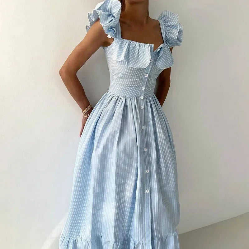 Flying Sleeves Striped Long Dresses Woman Elegant Single Breasted A-Line Robes Female Chic High Waist Summer Lady Robes Holiday