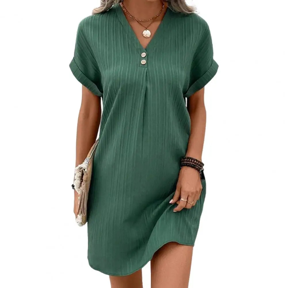 Summer Women Dress V Neck Button Short Sleeves Loose Casual Loose Fit Button Dress Summer Loose Lady Short Dress Women Dresses