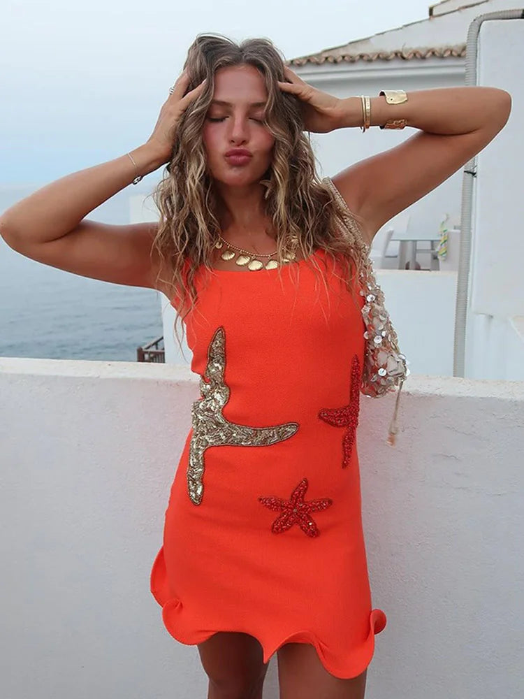 Women's Knit Mini Dress Elegant Shiny Sleeveless Bodycon Holiday Dress