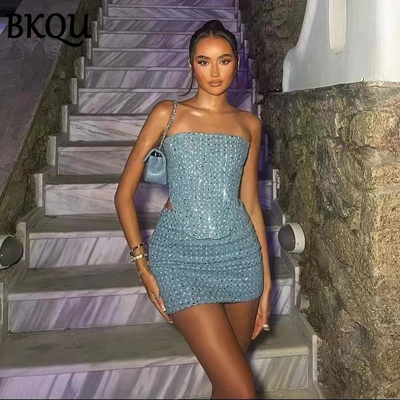 Starlit Dazzle Strapless Corset & Glitter Denim Mini Co-Ord