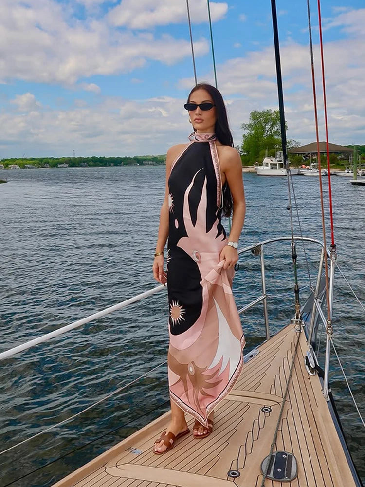 Lace Allure Printed Halter Backless Maxi Dress